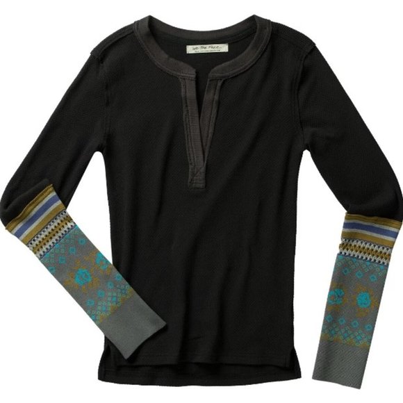 Free People Mikah Layering Cuff Long Sleeve Casual Henley in Black Combo - Picture 3 of 7